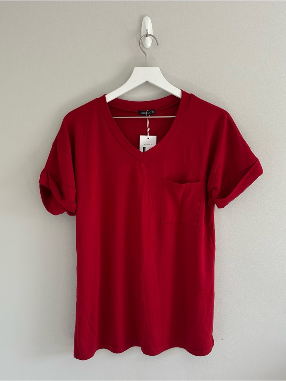 MIHOLL Red V-Neck Short Sleeve Tee Size M